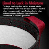 Interior view of 20 gallon fabric grow pot showing built-in waterproof liner designed to reduce dry back and maintain moisture in large root zones