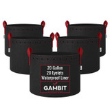 Five pack of 20 gallon fabric grow pots with 15 eyelets and built-in waterproof liner designed for large plants and extended grow cycles