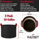 25 gallon fabric grow pot dimensions showing 19.5 inch height and 20 inch diameter with 20 eyelets and lined interior for moisture retention.