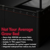 Close-up of Gambit Growing fabric raised bed showcasing heavy-duty 500gsm fabric, built-in LST eyelets, included PVC frame, trellis connectors, and waterproof liner—designed for serious growers.