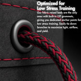 Close-up of a fabric raised bed with built-in black eyelets and red LST rope for low stress training, supporting structured plant growth and stem control.