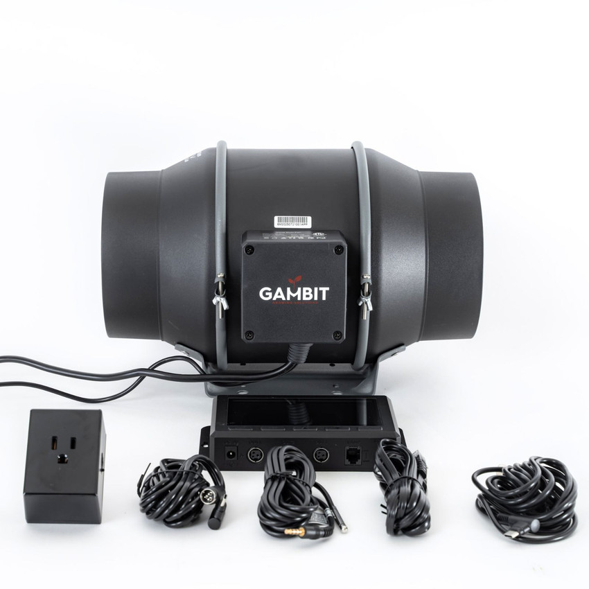 Gambit Growing Gale Force 6-inch inline smart fan complete kit showing the inline fan, digital smart controller, smart plug, mounting bracket, and included control cables on a white background.