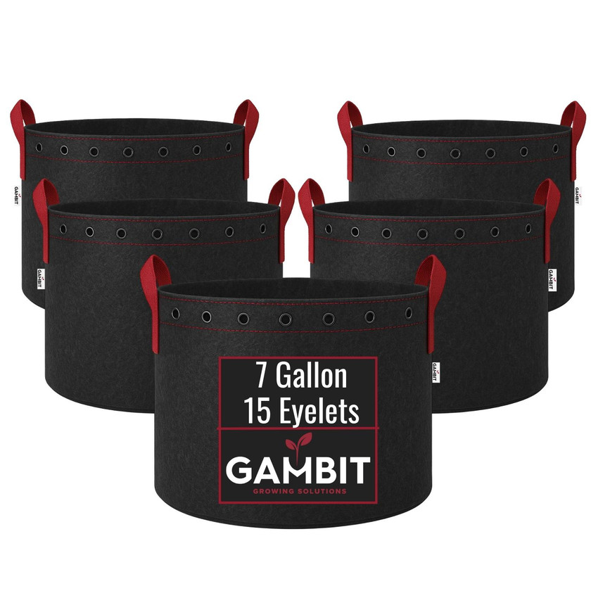 Five pack of 7 gallon fabric grow pots with 15 eyelets and reinforced handles, designed for full-size plants and long vegetative and flowering cycles