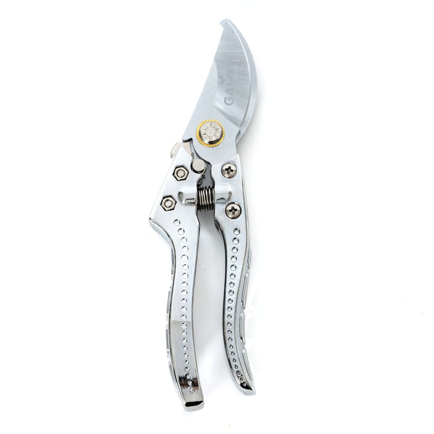 Full view of Gambit Growing bypass pruning shears showing ergonomic metal handles, spring-loaded action, and sharp stainless steel cutting blade, ideal for pruning stems, branches, and precise plant maintenance.