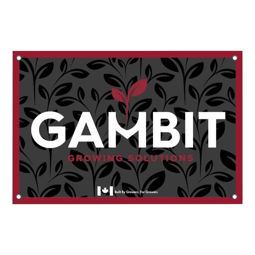 High-resolution image of a Black Gambit Growing Solutions branded banner with grommets, displayed on a white background—perfect for indoor grow tents, trade shows, or retail branding. High-resolution image of a Black Gambit Growing Solutions branded banner with grommets, displayed on a white background—perfect for indoor grow tents, trade shows, or retail branding.