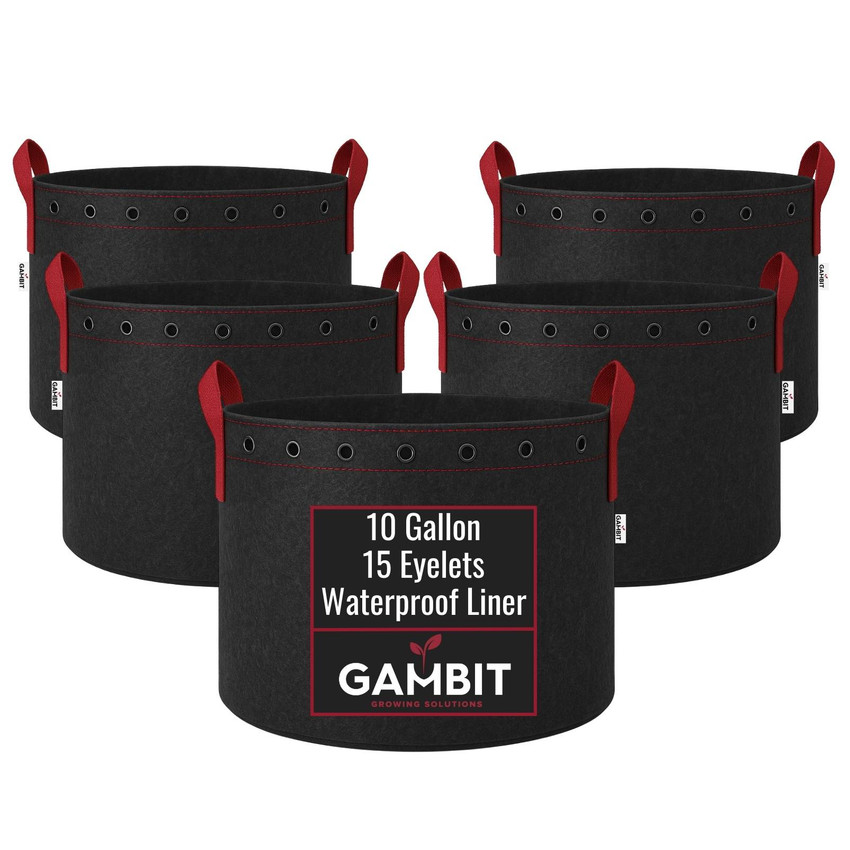 Five pack of 10 gallon fabric grow pots with 15 eyelets and built-in waterproof liner for long vegetative and flowering grow cycles