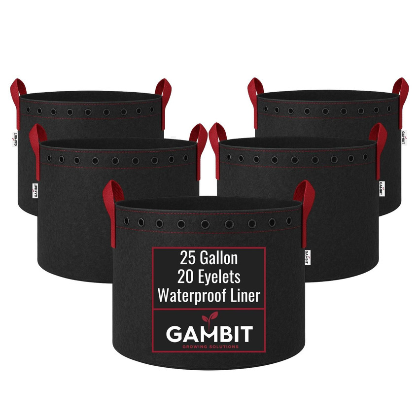 Five pack of 25 gallon fabric grow pots with reinforced handles, 20 eyelets, and built-in waterproof liner for large plants and long grow cycles