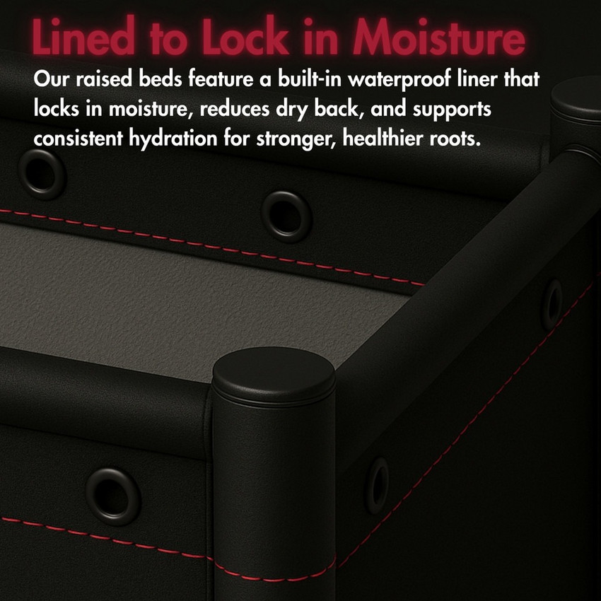 Black fabric raised bed with red stitching and waterproof liner, ideal for large plants and dry-back watering cycles in low stress training setups.