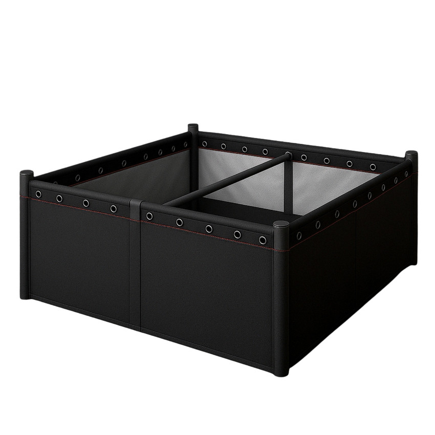 4x4 raised fabric garden bed with red stitching and dark grommets, includes liner and support poles, made from heavy-duty 500GSM material. 4x4 raised fabric garden bed with red stitching and dark grommets, includes liner and support poles, made from heavy-duty 500GSM material.
