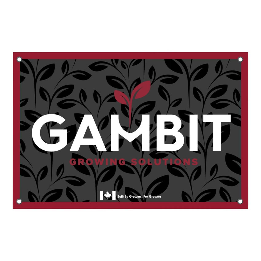 High-resolution image of a Black Gambit Growing Solutions branded banner with grommets, displayed on a white background—perfect for indoor grow tents, trade shows, or retail branding. High-resolution image of a Black Gambit Growing Solutions branded banner with grommets, displayed on a white background—perfect for indoor grow tents, trade shows, or retail branding.