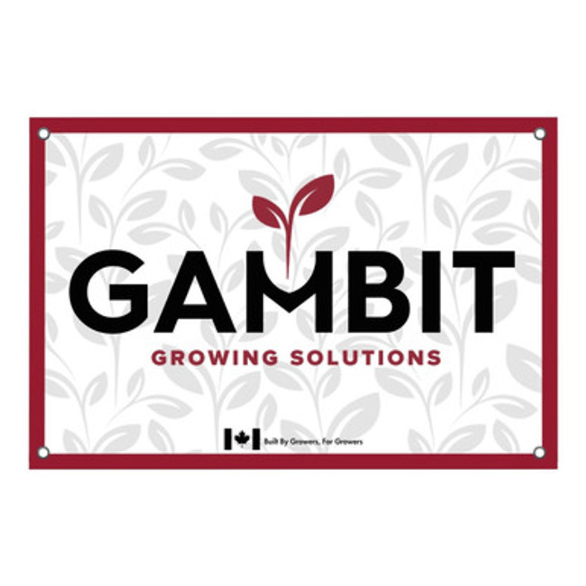 High-resolution image of a Black Gambit Growing Solutions branded banner with grommets, displayed on a white background—perfect for indoor grow tents, trade shows, or retail branding. High-resolution image of a Black Gambit Growing Solutions branded banner with grommets, displayed on a white background—perfect for indoor grow tents, trade shows, or retail branding.