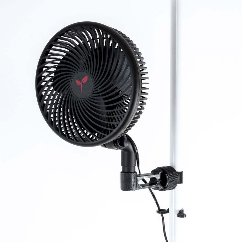Gambit Growing Gale Force 6 inch 10 speed oscillating grow tent fan front view mounted to a tent pole, featuring adjustable airflow and compact clip-mount design