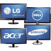 Refurbished LG, Samsung, Sony, Dell, Acer computer monitors with blue logos on screens.