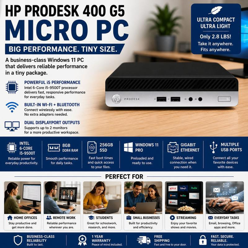 HP ProDesk 400 G5 Micro Core i5 Windows 11 Tiny PC Only 2.8 Lbs