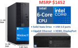 Refurbished Dell Optiplex SFF 6-core desktop computer with Intel Core i5 processor, 32GB RAM, and 1TB SSD storage running Windows 11 Pro.