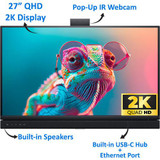 Refurbished Dell C2722DE 27-inch Quad HD 2K IPS monitor with built-in webcam, video conferencing capabilities and integrated speakers.