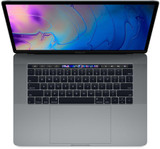 Refurbished Front view of a MacBook Pro 15 laptop with Intel Core i7-8850H processor, 16GB RAM, and Radeon Pro 560X graphics.