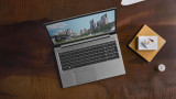 Side angle view of HP ZBook Firefly 15 G7 laptop showing processor, RAM, storage, and model label.