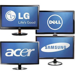 Refurbished LG, Samsung, Sony, Dell, Acer computer monitors with blue logos on screens.