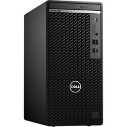 Refurbished A front-view of a black Dell OptiPlex 5080 tower computer system with Intel Core i7-10700 processor, NVIDIA Quadro P400 GPU,