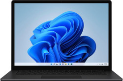 Refurbished The image displays a Surface Laptop 4 with its screen open at an angle, showing a blue abstract design as the wallpaper. The