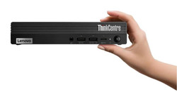 Refurbished A human hand holding a Lenovo laptop at a slight angle, revealing its branding and specifications: Intel Quad Core i3-10100T