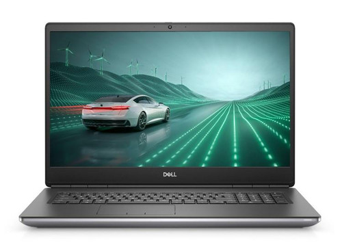 Refurbished Dell Precision 7750 i5 17.3 workstation laptop with 16GB RAM, 10-key number pad, and green digital highway design on display.