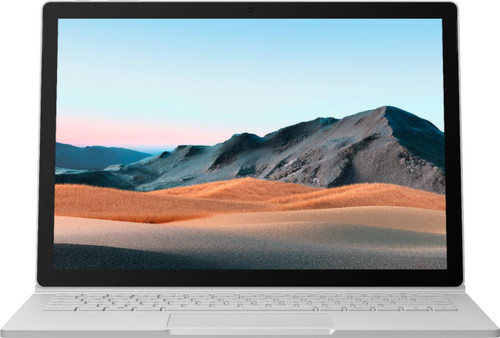 Refurbished Front view of Microsoft Surface Book 3 i5-1035G7, 13.5 detachable laptop screen displaying desert scene with mountain range