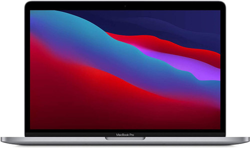 Refurbished A modern Apple laptop, displaying a vibrant wallpaper on its touchscreen with a colorful graphic resembling flames.