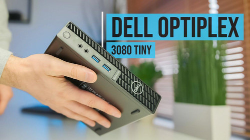 Refurbished Hand holding a Dell OptiPlex 3080 Micro i5 10th Gen 16GB RAM SSD Windows 11 Pro computer with side ports including USB-C,...