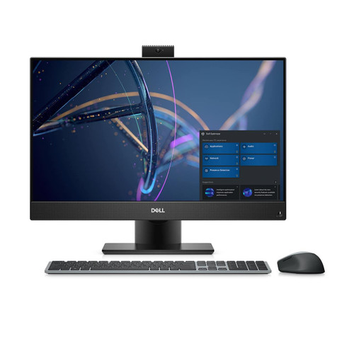 Refurbished The subject of this image is a Dell OptiPlex 5400 All-in-One computer monitor with a built-in keyboard and touchpad, viewed