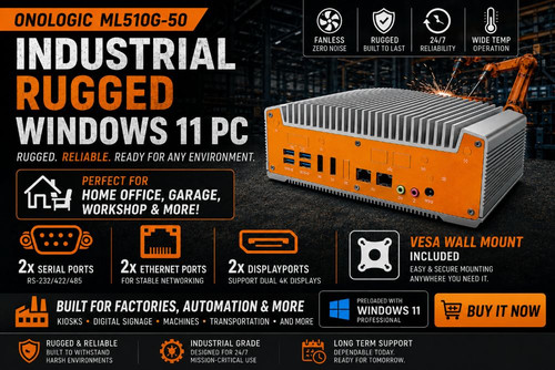 OnLogic ML510G-50 Fanless Rugged Industrial Windows 11 Pro Mini PC + Wall Mount Kit