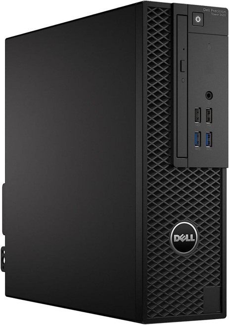 Refurbished The Dell Precision 3430 i5 AMD RX550 Graphics workstation PC is shown in profile view, highlighting its front panel which