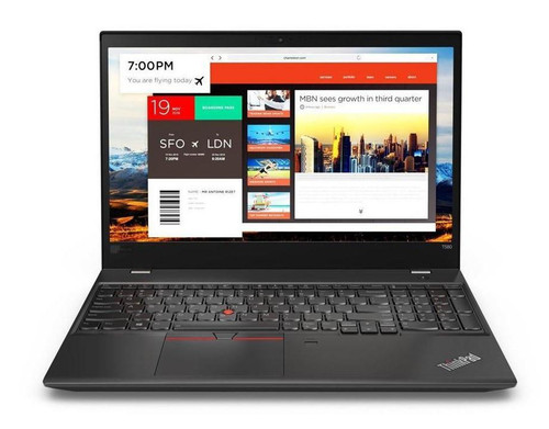 Refurbished Close-up of an open Lenovo ThinkPad T580 laptop showing a full HD 15.6 display, keyboard, trackpad, and ports including