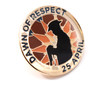  Dawn of Respect Lapel Pin An impactful lapel capturing the beautiful Dawn of Respect artwork. A fantastic addition to your collection. Featuring the silhouette of a soldier resting at reversed arms in front of a vibrant dawn b