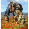 Picking Anemones Canvas Print 53.3 x 50 This Light Horseman is picking these red anemones to press within his diary, he will and send them pressed and dried with letters or postcards to his loved ones back at home in Australia. His mount is