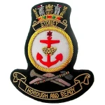 HMAS Sydney Bullion badge Superb HMAS Sydney Bullion Pocket Badge perfect for your Blazer, bag or where you want a stylish badge, order now from the military specialists. Approximate size 80x80mm. Securely fastens with 3 butte Image 1 