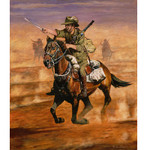  Light Horseman Canvas Print 60 x 51.1 This painting depicts an Australian Light Horseman on his gallant Waler galloping across the dusty Palestinian plain just on sunset. The Light Horseman is yelling and brandishing his bayonet. They are