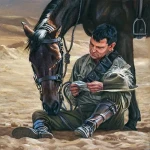 The Letter Print 30 x 30 While resting upon the desert sand in the shade of his horse during one of their regulation 10 minutes stops, this Light Horseman has pulled from his pocket a letter, and leant against his horse's fro Image 0 