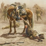 Taffy Waits Canvas Print 40 x 40 This painting was inspired by this story below, which depicts the close bond between the Australian Light horsemen and their Walers.Pictured are Corporal Austin Edwards, his horse Taffy, and all equip Image 0 