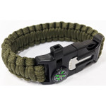  Paracord Bracelet Army Green Woven paracord bracelet equipped with essential survival functions. Includes flint and striker, emergency whistle and a button compass. This great paracord bracelet is a perfect gift for yourself or a