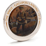  Australia & New Zealand Gallipoli Landing Medallion A striking medallion featuring stunning artwork to create a beautiful commemorative piece. Featuring a snapshot of the masterpiece 'The Spirit - Gallipoli Landing 1915' by renowned military artist Dav