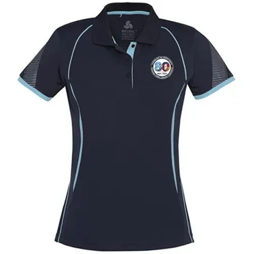 AAFC 80th Polo shirt- Ladies Australian Air Force Cadet (AAFC) 80th Anniversary Ladies Polo. 100% BIZ COOL Polyester sports interlock, grid mesh underarm panels for breathability, unique sleeve print feature, contrast panels and