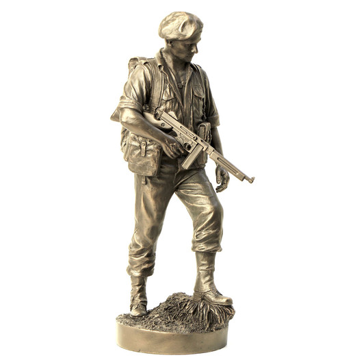 Naked Army WW2 Commando – Cold-Cast Bronze Figurine "This Naked Army figurine depicts a late war Australian commando, operating in the Pacific theatre. He wears jungle greens, a beret bearing the rising sun badge, and carries the rugged and reliable Th