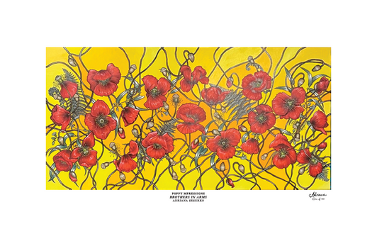 Poppy Mpressions Brothers In Arms Ltd Edition Etching Paper Print 600 x 300 Brothers In Arms is a stunning artwork from Canberra artist Adriana Seserko. Australian eucalyptus leaves and New Zealand silver ferns fronds are entwined amongst the spray of Flanders poppies, evokin
