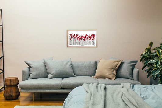 Poppy Mpressions Fields of Poppies Ltd Edition Etching Paper Print 600 x 300 Naomi Crowther's whimsical, stylised poppy field draws the viewer in and invites them to reflect on the past. The layered background gives depth to the scene, and the use of thick impasto paint applie