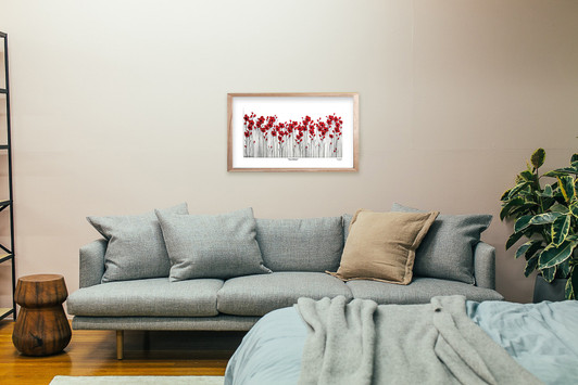 Poppy Mpressions Fields of Poppies Ltd Edition Etching Paper Print 900 x 450 Naomi Crowther's whimsical, stylised poppy field draws the viewer in and invites them to reflect on the past. The layered background gives depth to the scene, and the use of thick impasto paint applie