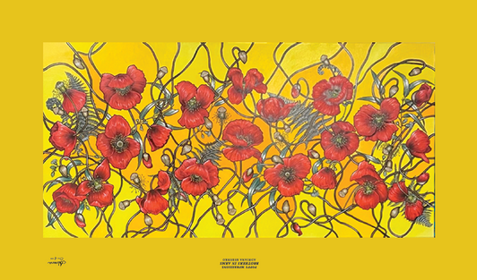 Poppy Mpressions Brothers In Arms Ltd Edition Canvas Print 900 x 450 Brothers In Arms is a stunning artwork from Canberra artist Adriana Seserko. Australian eucalyptus leaves and New Zealand silver ferns fronds are entwined amongst the spray of Flanders poppies, evokin