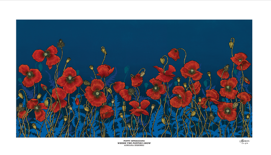 Mpressions Where the Poppies Grow Ltd Edition Etching Paper Print 1200 x 600 A stunning reproduction of Canberra artist Adriana Seserkos Where the Poppies Grow. Seserko's work portrays the poppy not as a pretty decorative flower, but as a metaphor for the human condition. Impa