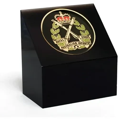 RAinf Medallion In Block The superb Royal Australian Infantry Corps (RAinf) medallion is presented in a black acrylic desk block. This wonderful medallion display is perfect for awards, presentations, or as a special gift. Th